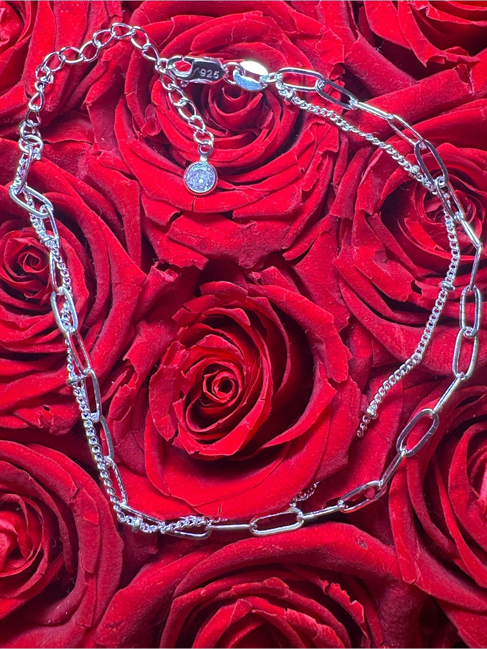 925 Sterling Silver Mixed Chain CZ Charm Bracelet Adjustable